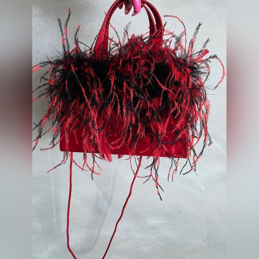 Vtg Red and Black Ostrich Feather Trimmed Satin Crossbody Shoulder Bag Glam 8x5 - Picture 10 of 14